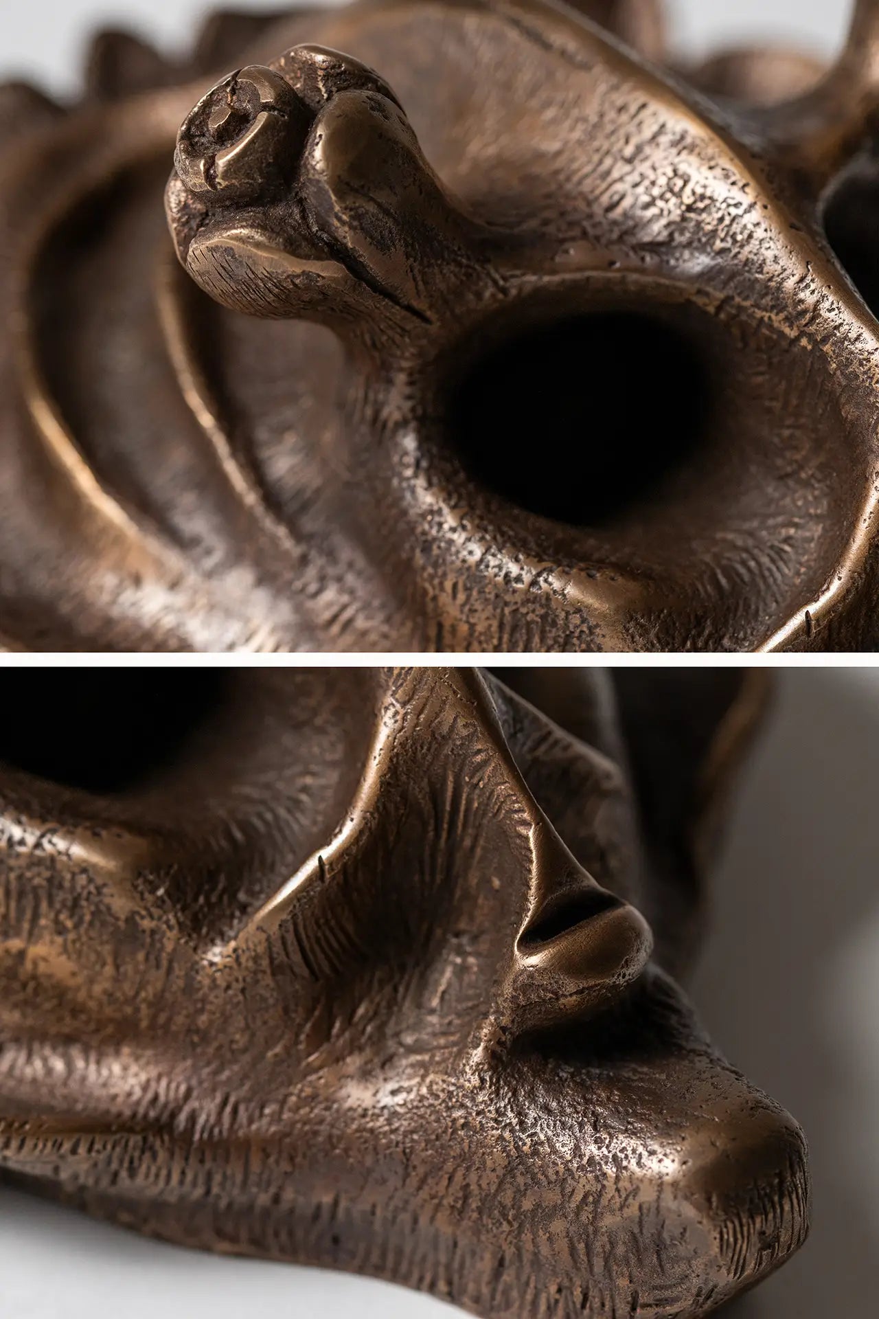 Detailed view of The Symbiont bronze mask for interior decor